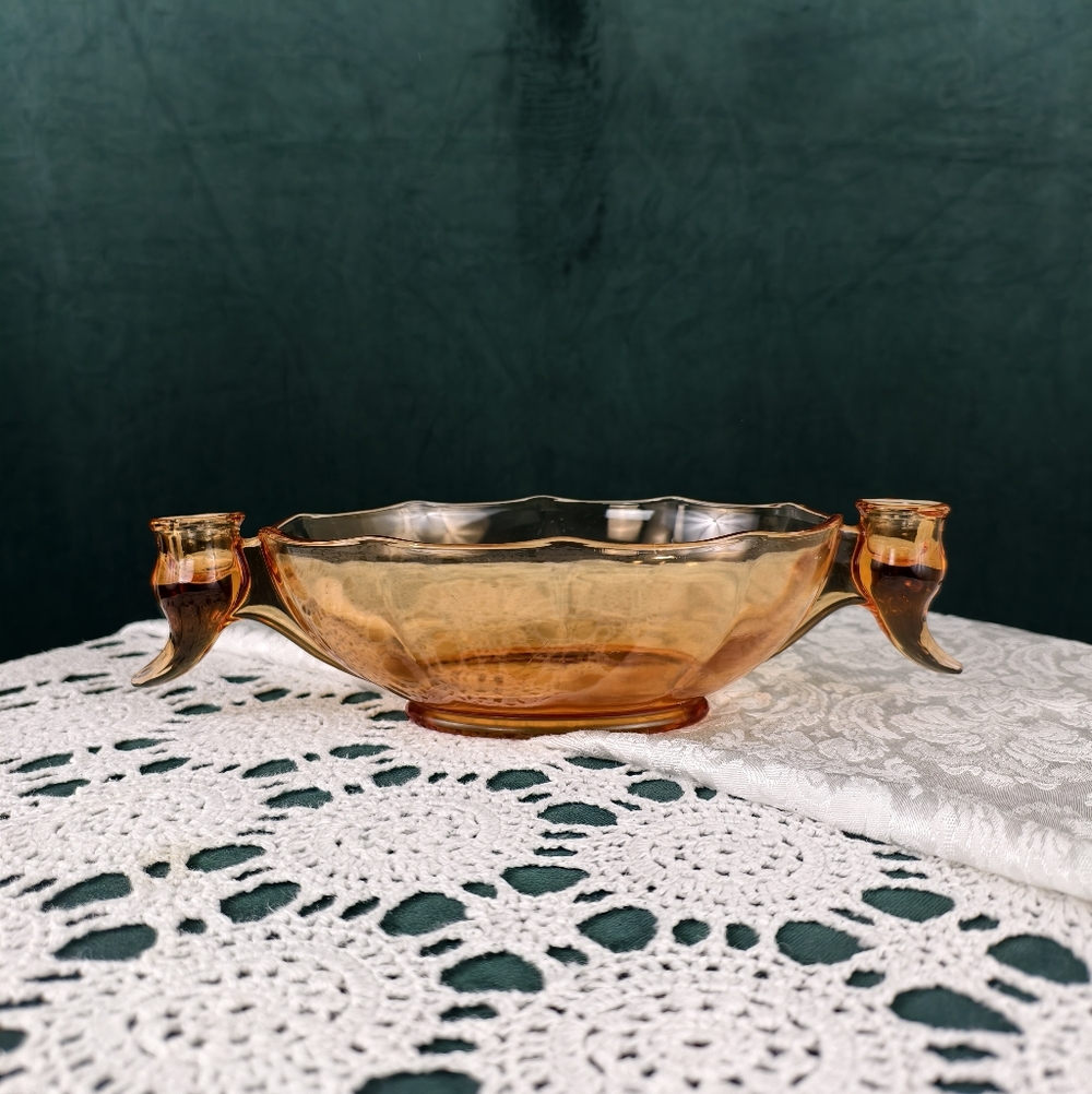 Vintage Large Fostoria Amber Glass Oval Bowl with Candle Holders